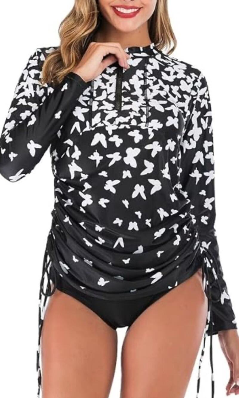 NWT AONIHUA Womens XL Rash Guard Swim Dress Shirt Zip Stretch Butterflies